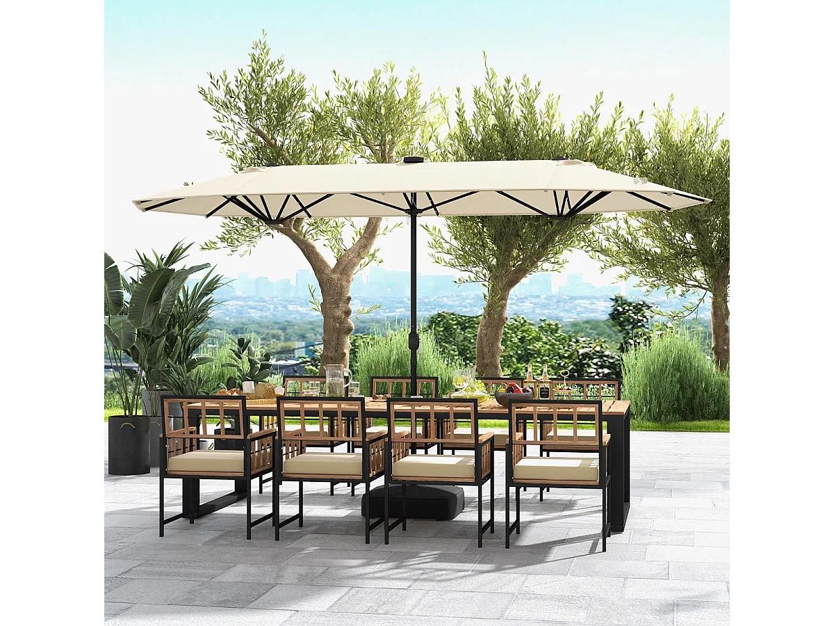 Parasol Double de Jardin 400 x 200 CM avec LED à Énergie Solaire, Grande Couverture, Tissu Enduit Durable et Base Robuste pour Cour Patio Piscine (Beige)