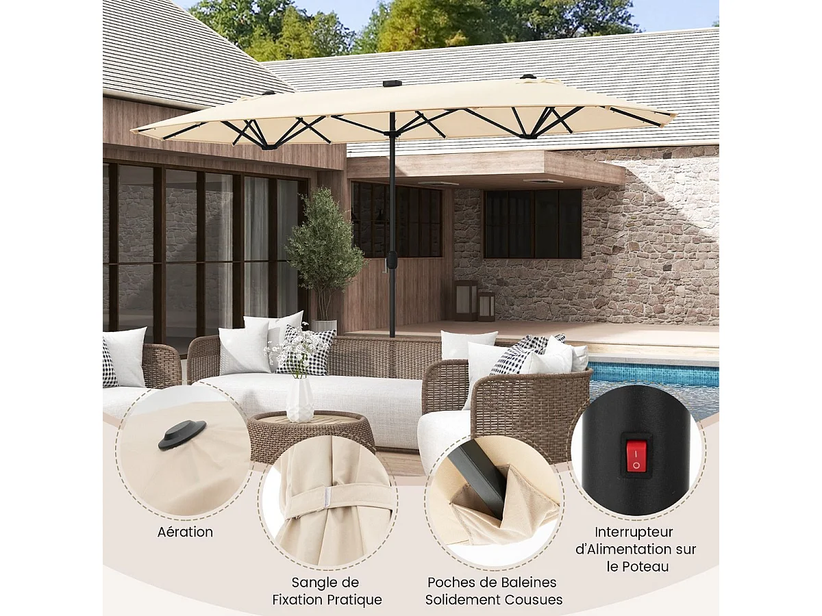 Parasol Double de Jardin 400 x 200 CM avec LED à Énergie Solaire, Grande Couverture, Tissu Enduit Durable et Base Robuste pour Cour Patio Piscine (Beige)
