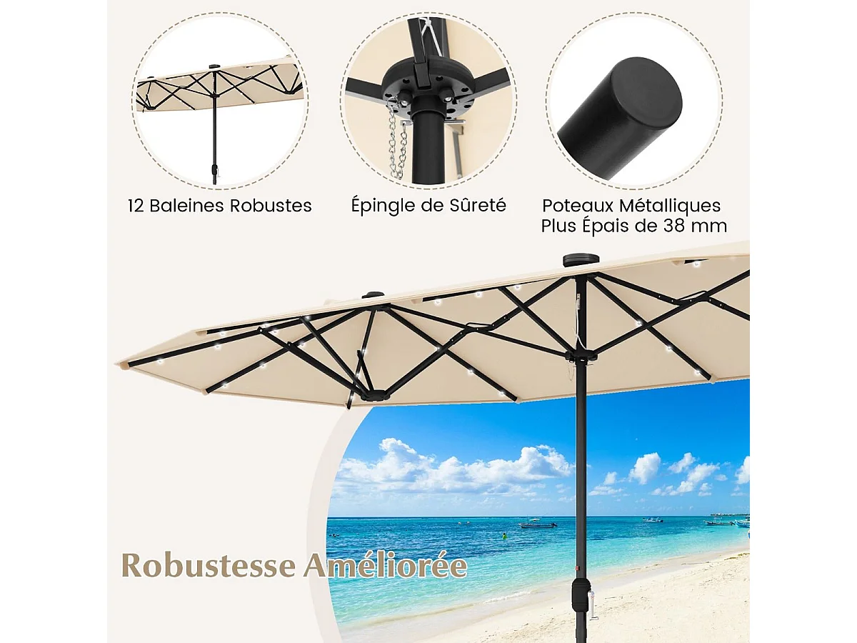 Parasol Double de Jardin 400 x 200 CM avec LED à Énergie Solaire, Grande Couverture, Tissu Enduit Durable et Base Robuste pour Cour Patio Piscine (Beige)
