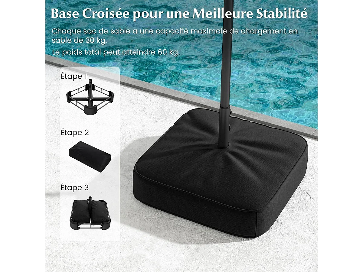Parasol Double de Jardin 400 x 200 CM avec LED à Énergie Solaire, Grande Couverture, Tissu Enduit Durable et Base Robuste pour Cour Patio Piscine (Beige)