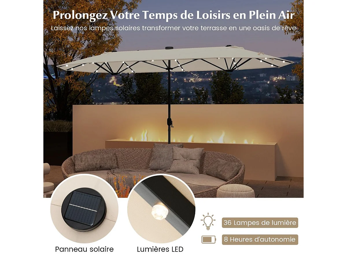 Parasol Double de Jardin 400 x 200 CM avec LED à Énergie Solaire, Grande Couverture, Tissu Enduit Durable et Base Robuste pour Cour Patio Piscine (Beige)