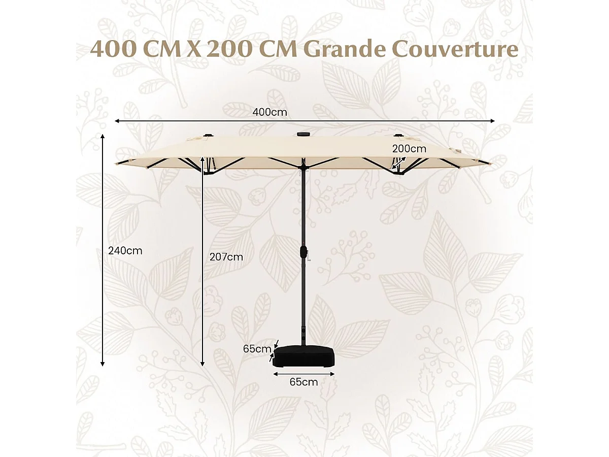 Parasol Double de Jardin 400 x 200 CM avec LED à Énergie Solaire, Grande Couverture, Tissu Enduit Durable et Base Robuste pour Cour Patio Piscine (Beige)