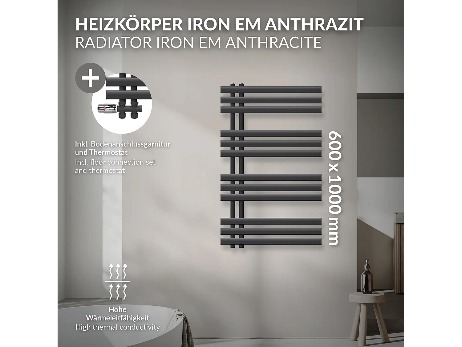 Radiateur salle de bain sèche-serviette anthracite raccordement au sol 60x100 cm