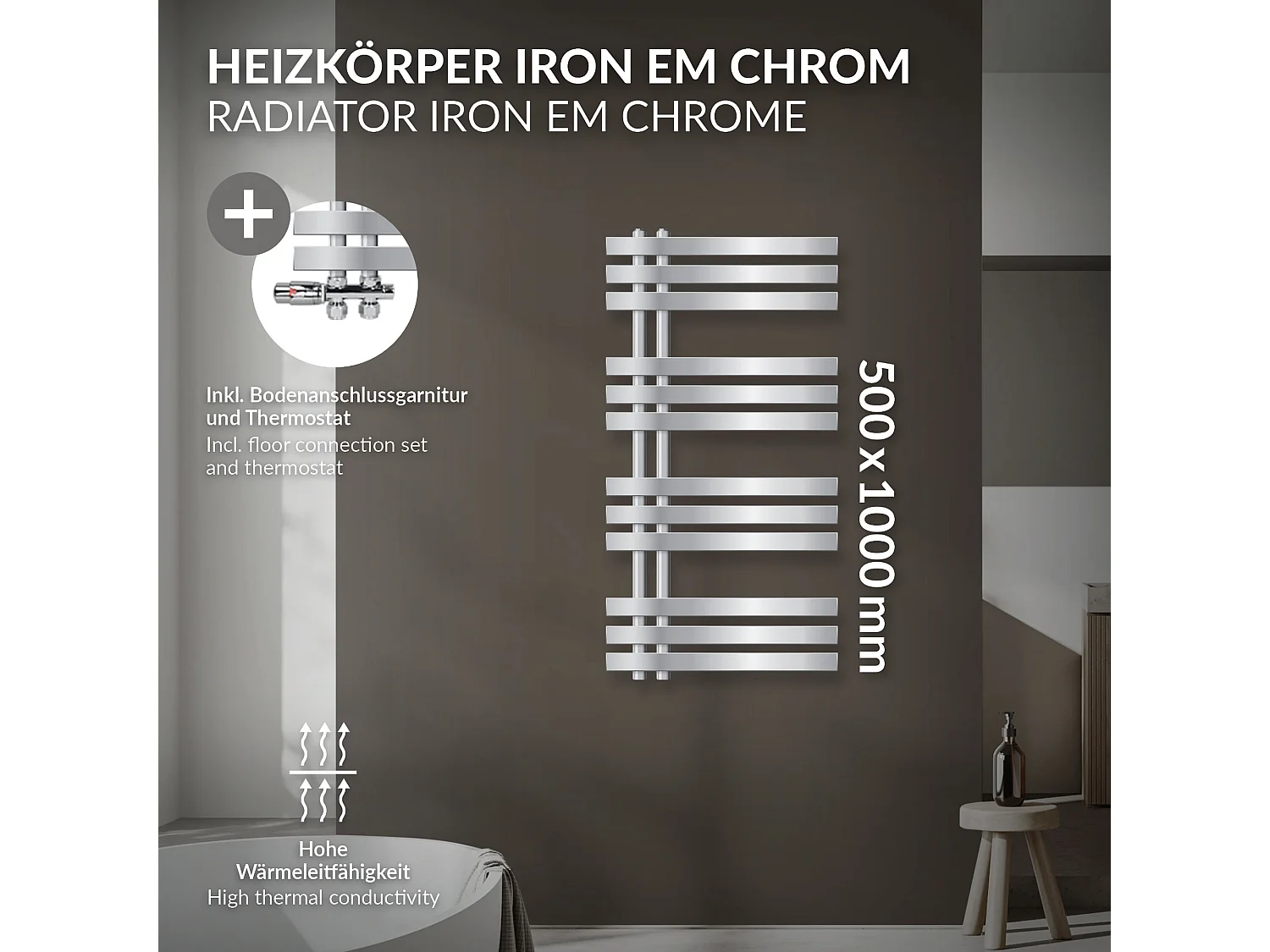Radiateur salle de bain Iron EM 500x1000 mm avec garniture chrome raccord mural