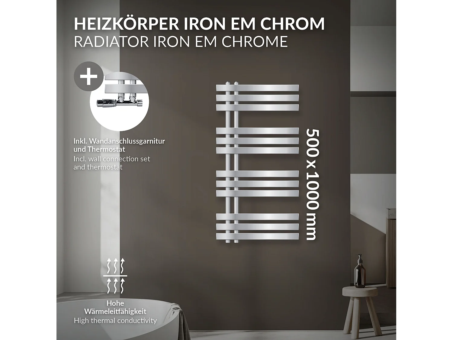 Radiateur salle de bain Iron EM 500x1000 mm avec garniture chrome raccord mural