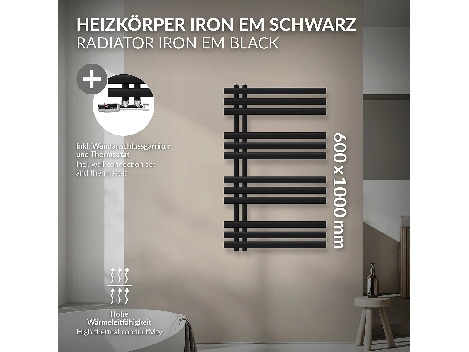 Iron EM Radiateur sèche-serviettes salle de bain en acier noir mat 600x1000 mm