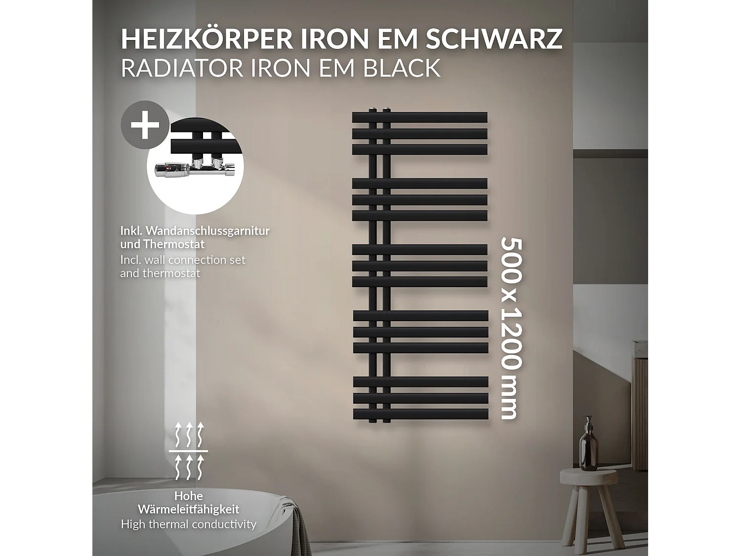 Radiatore scaldasalviette da bagno Iron EM in acciaio nero opaco 500x1200 mm