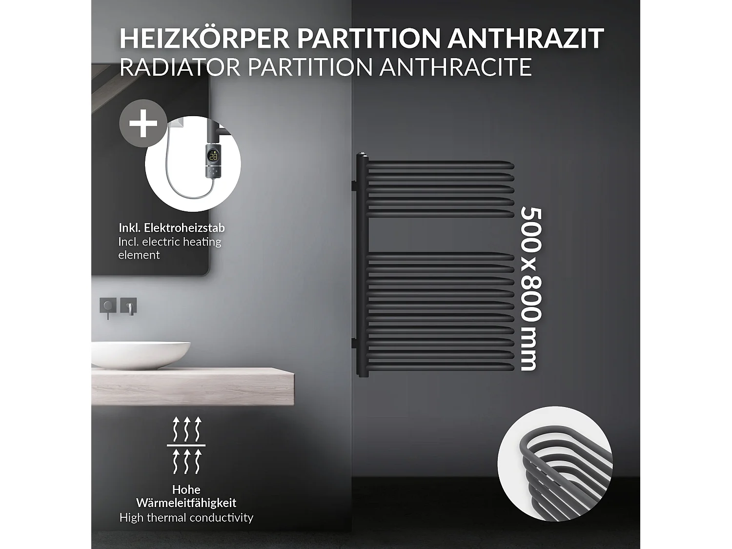 Radiateur mural porte-serviette anthracite 500x800 mm avec thermoplongeur 600 W