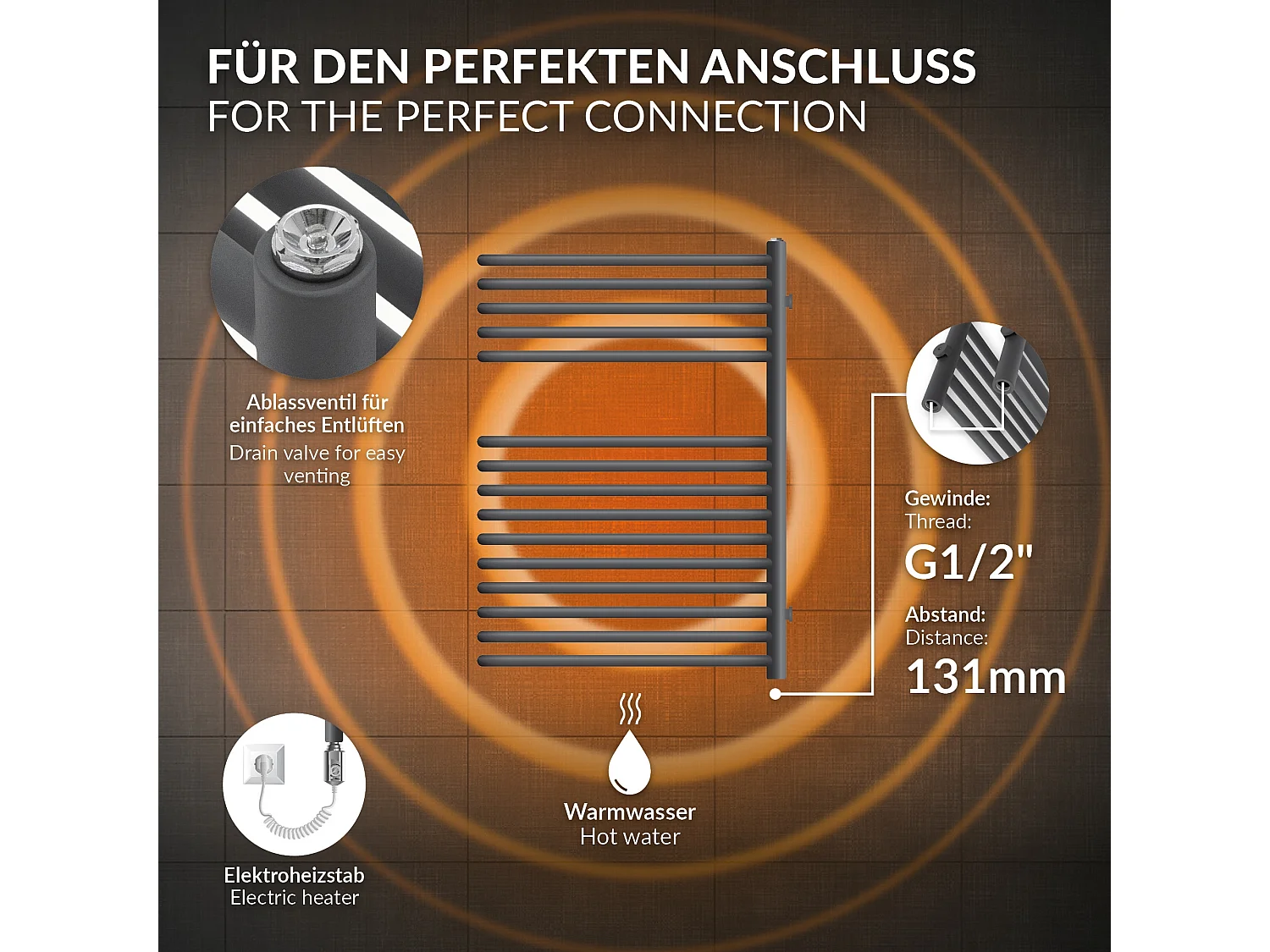 Radiateur mural porte-serviette anthracite 500x800 mm avec thermoplongeur 600 W