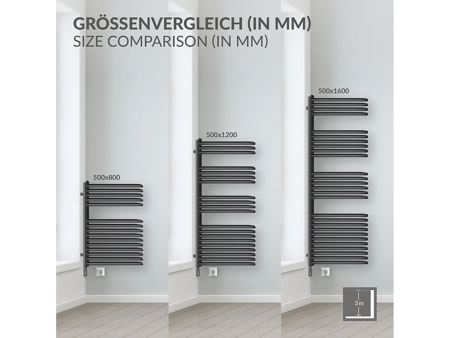 Radiateur mural porte-serviette anthracite 500x800 mm avec thermoplongeur 600 W