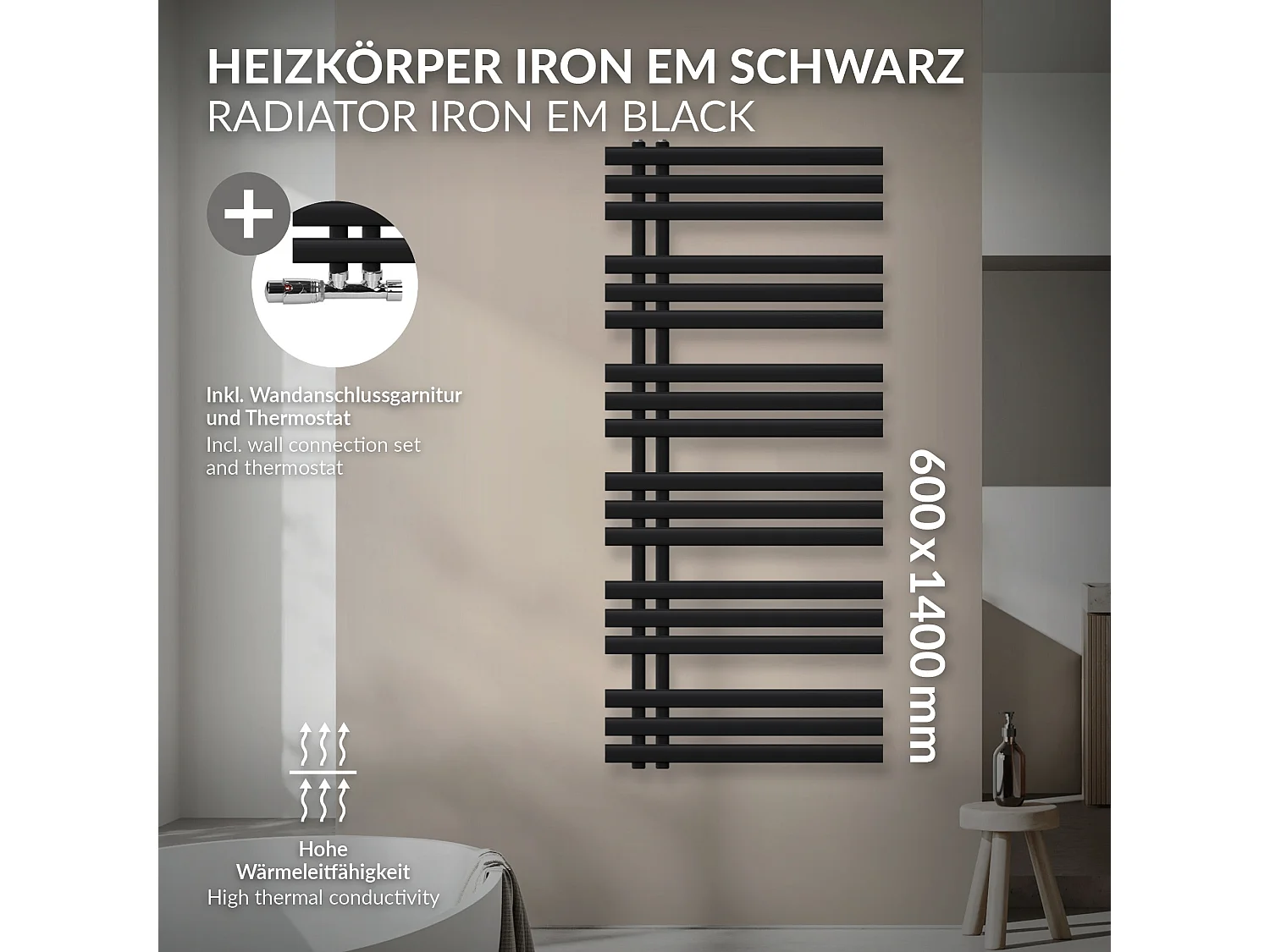 Iron EM Radiateur sèche-serviettes salle de bain en acier noir mat 600x1400 mm