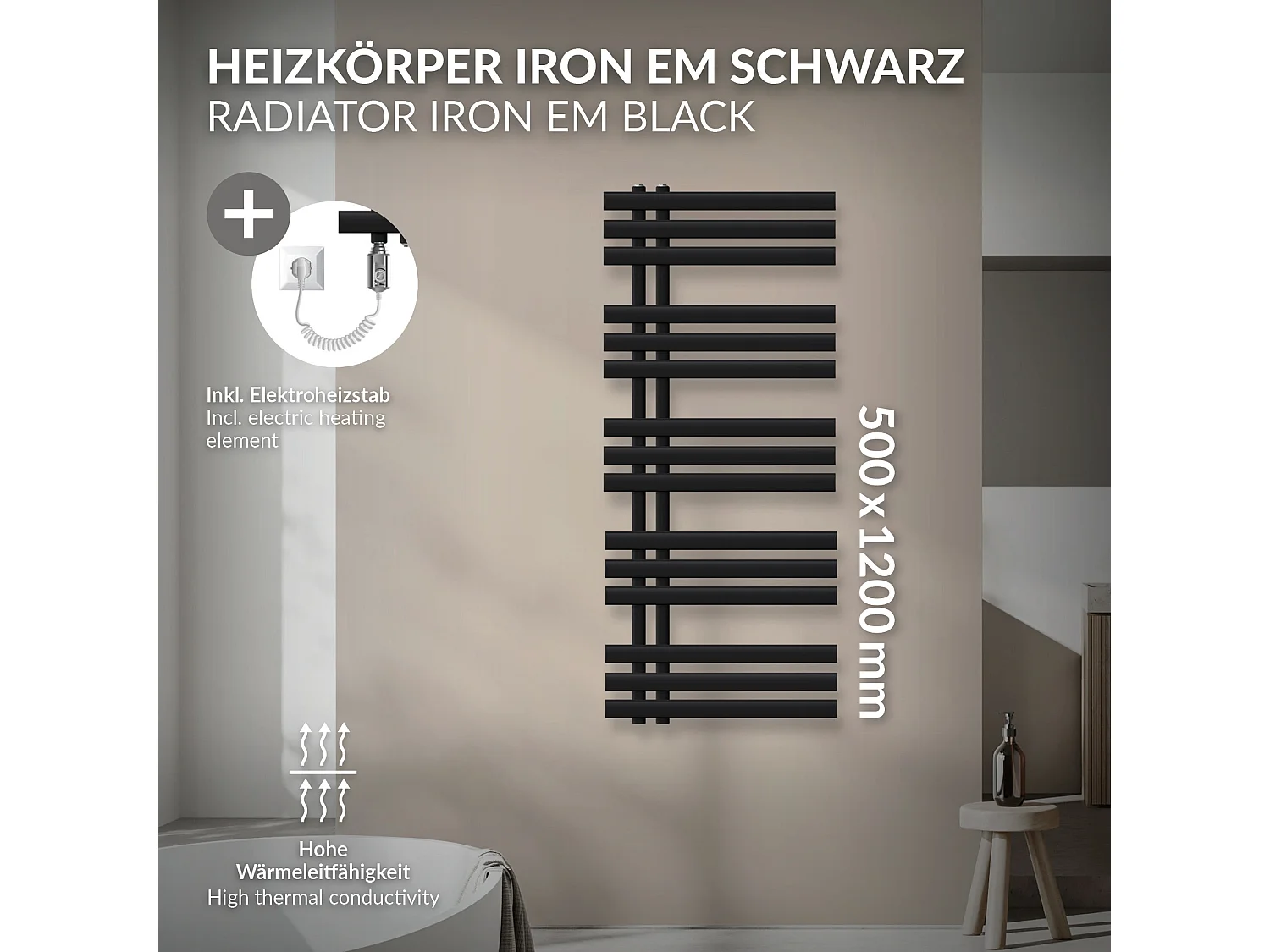 Radiateur sèche-serviettes de salle de bain noir 50x120 cm avec résistance 1200W