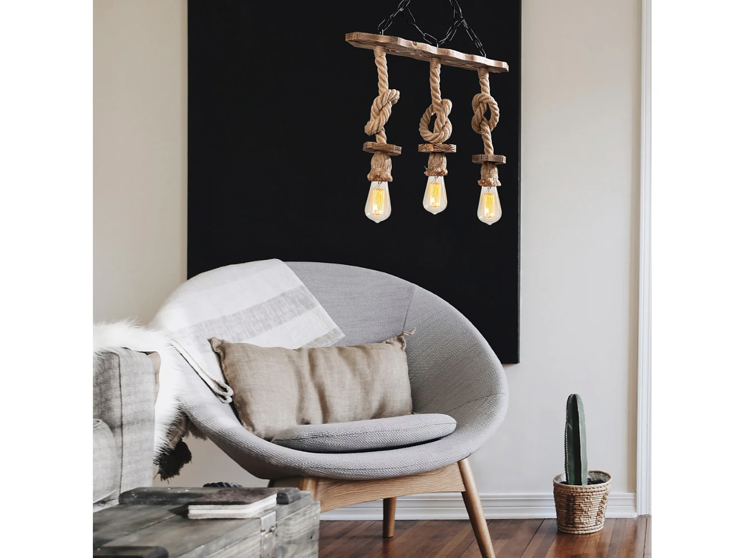 Suspension rustique filaire 3 lampes cordes et bois ZYA