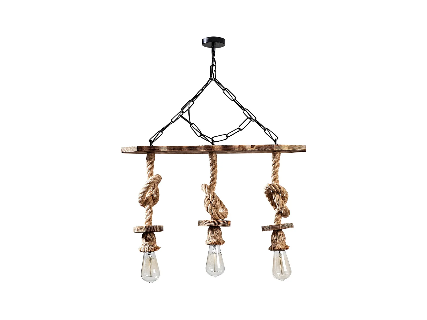 Suspension rustique filaire 3 lampes cordes et bois ZYA