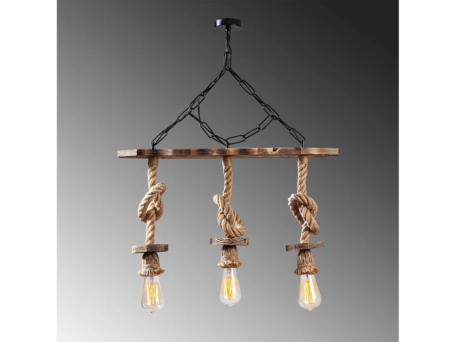 Rustikale Draht-Hängeleuchte mit 3 Lampen aus Seilen und Holz ZYA - Rustikaler, eleganter und zeitloser Stil