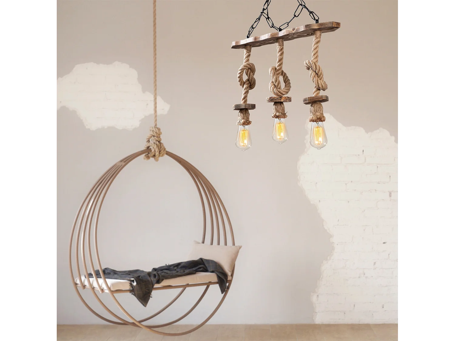 Rustikale Draht-Hängeleuchte mit 3 Lampen aus Seilen und Holz ZYA - Rustikaler, eleganter und zeitloser Stil