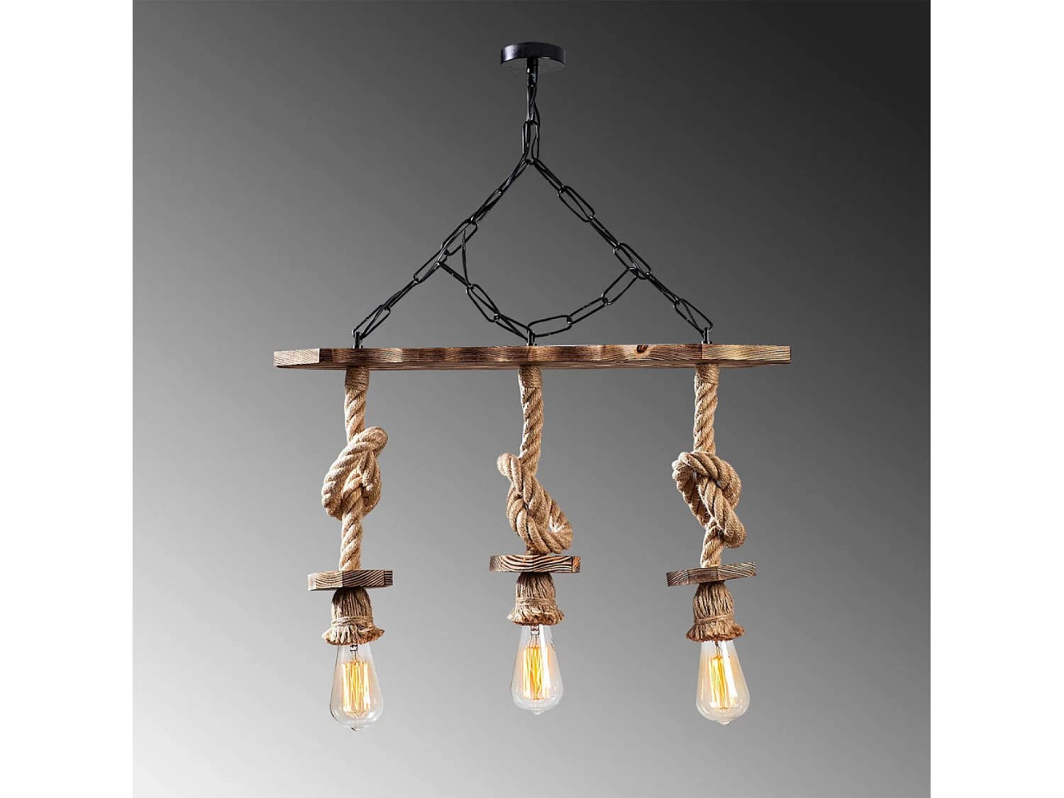 Rustikale Draht-Hängeleuchte mit 3 Lampen aus Seilen und Holz ZYA - Rustikaler, eleganter und zeitloser Stil