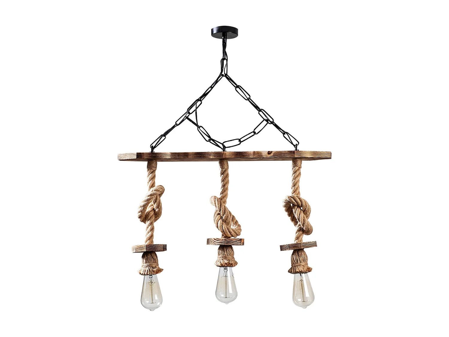 Rustikale Draht-Hängeleuchte mit 3 Lampen aus Seilen und Holz ZYA - Rustikaler, eleganter und zeitloser Stil