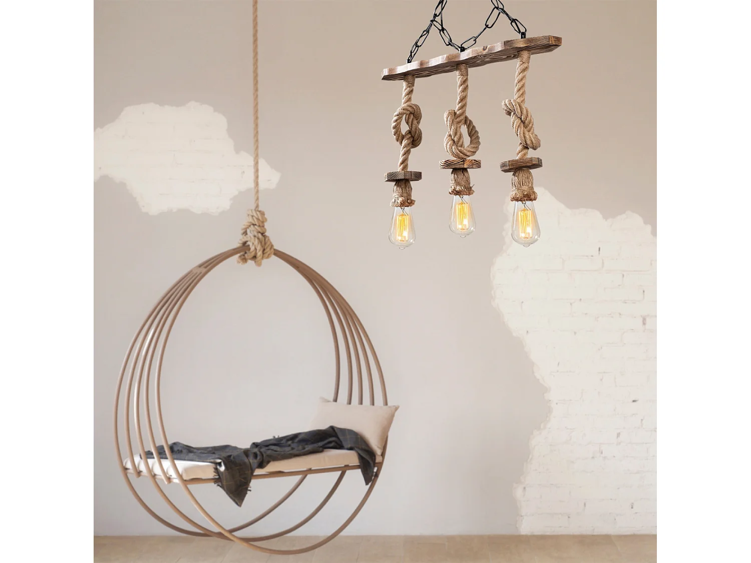 Rustieke draad hanglamp met 3 lampen koorden en hout ZYA - Stijlvolle rustieke en tijdloze uitstraling