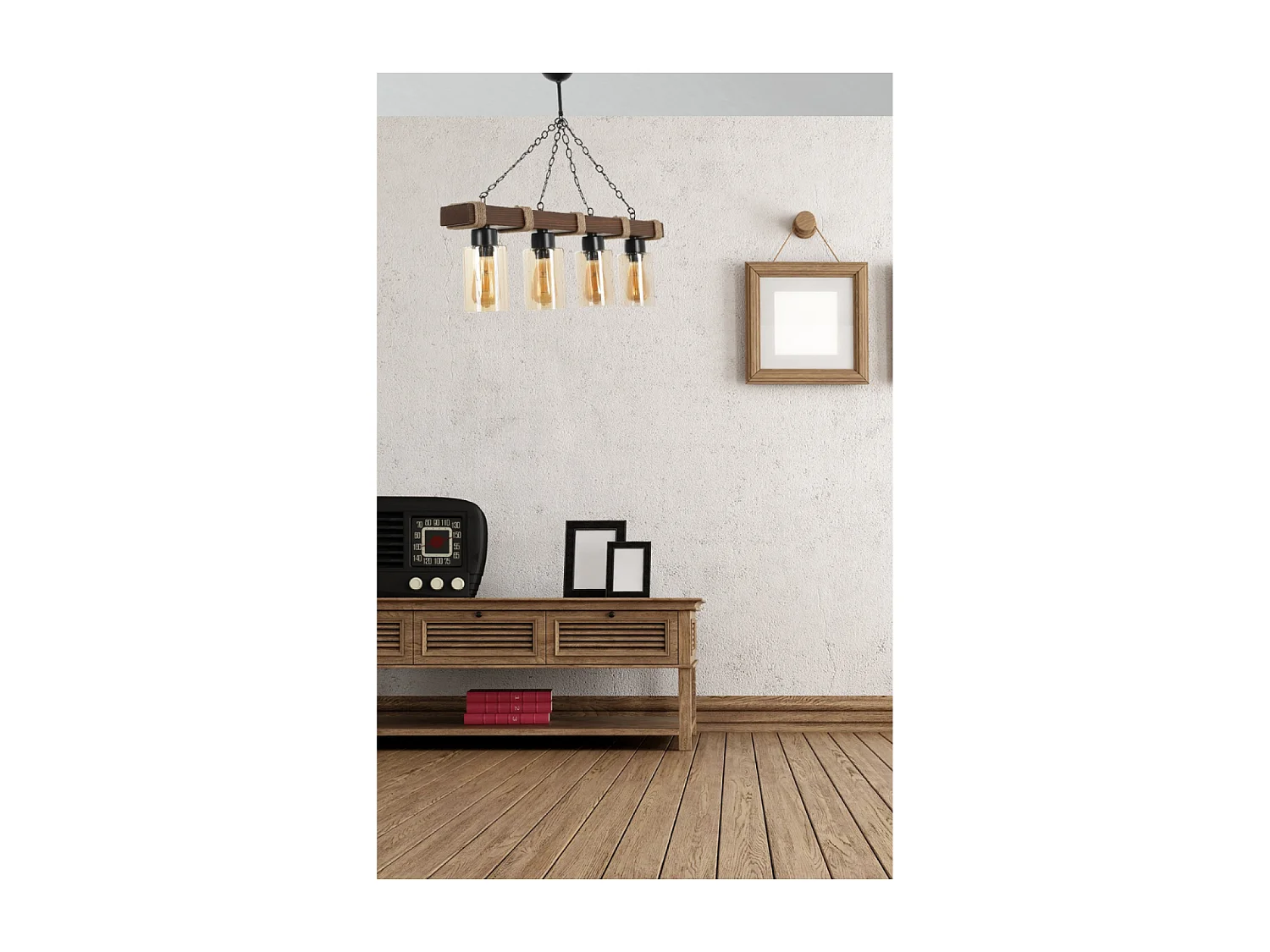 Suspension filaire 4 lampes bois et métal SAPHIA