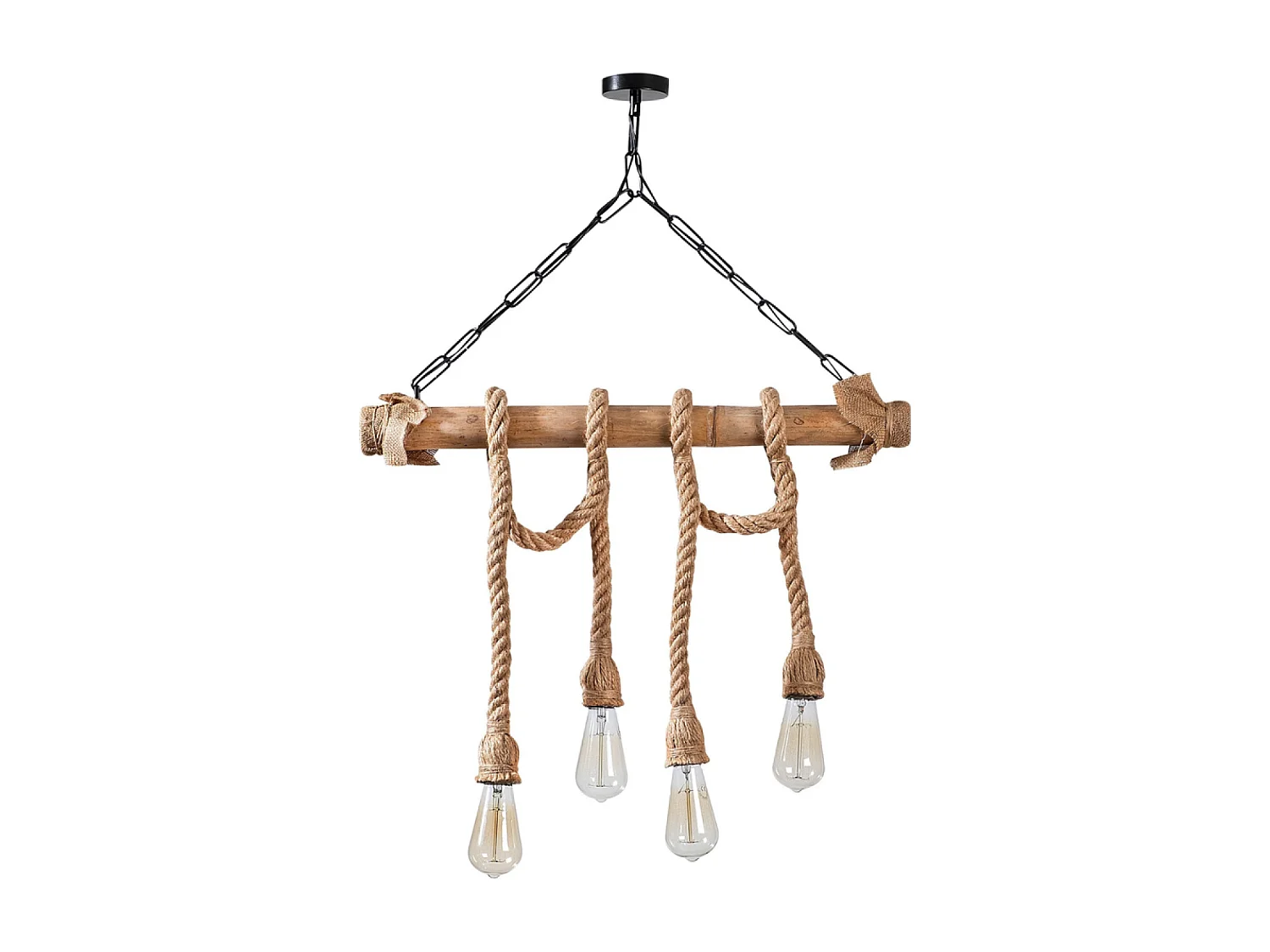 Suspension rustique filaire 4 lampes cordes et bois LOANE