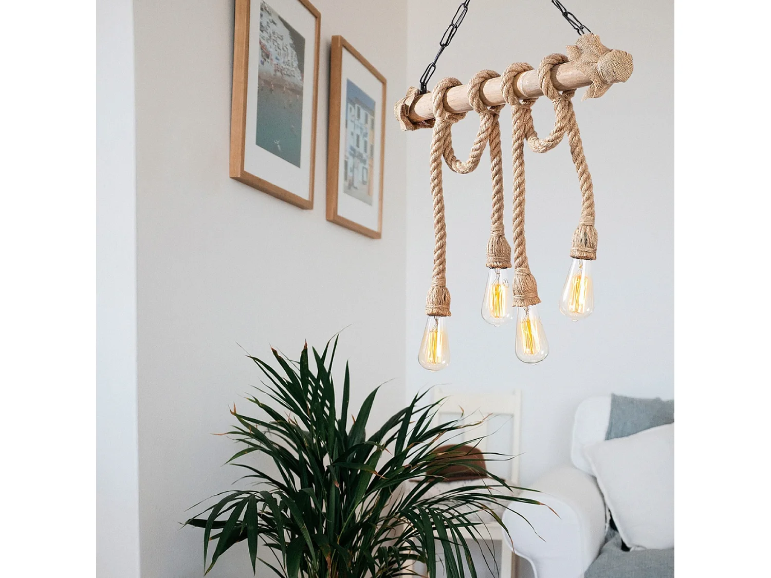 Suspension rustique filaire 4 lampes cordes et bois LOANE