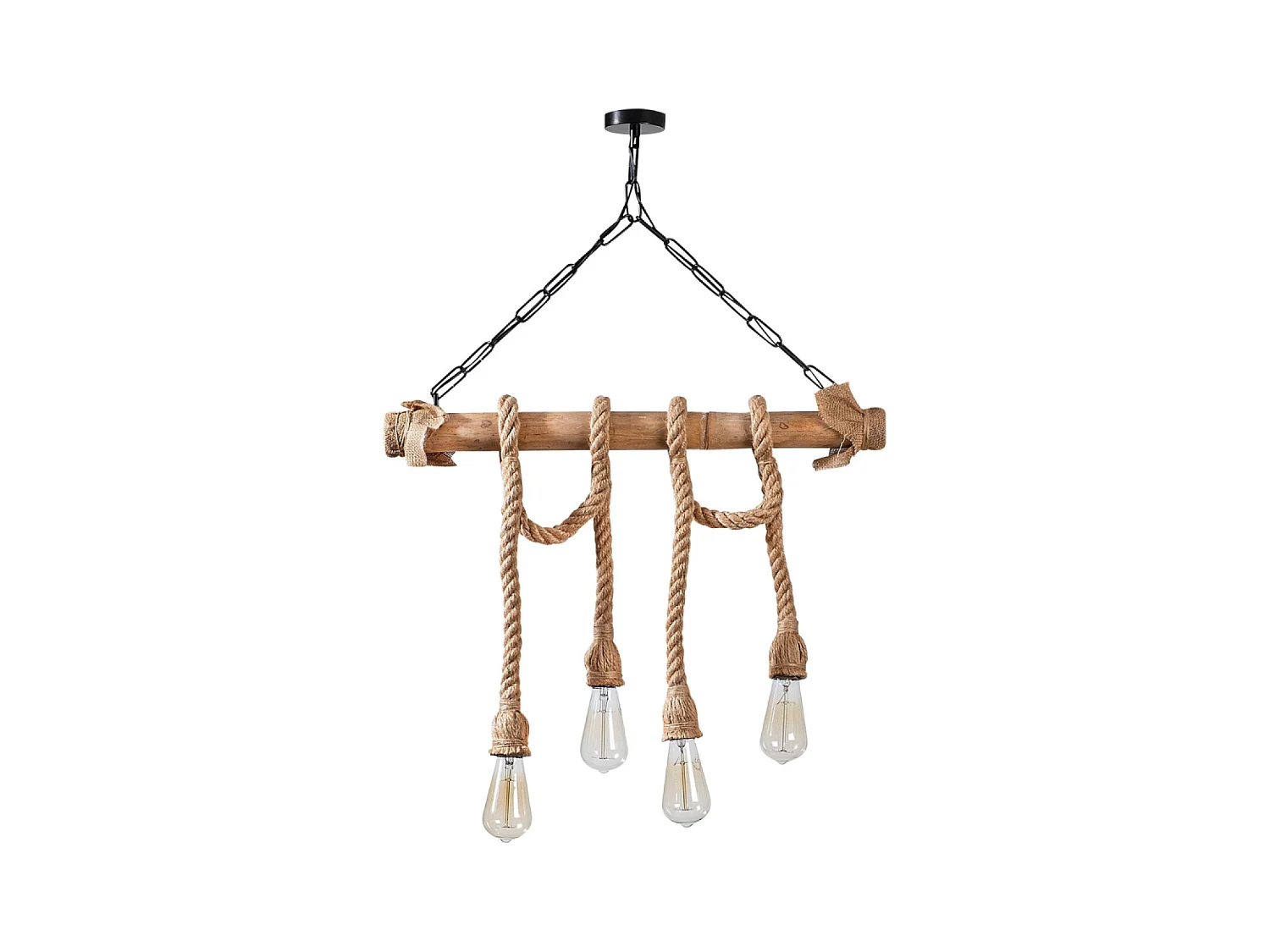 Suspension rustique filaire 4 lampes cordes et bois LOANE