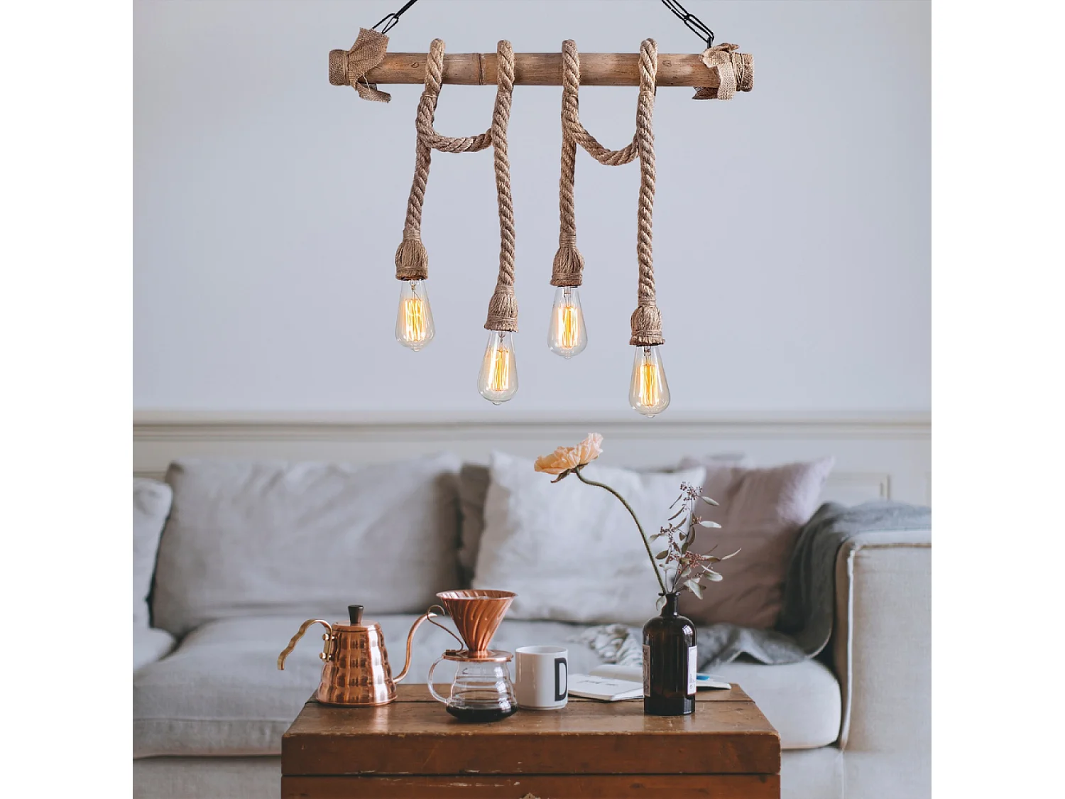 Lámpara rústica colgante de alambre 4 luces cuerdas y madera LOANE - Ambiente cálido y auténtico