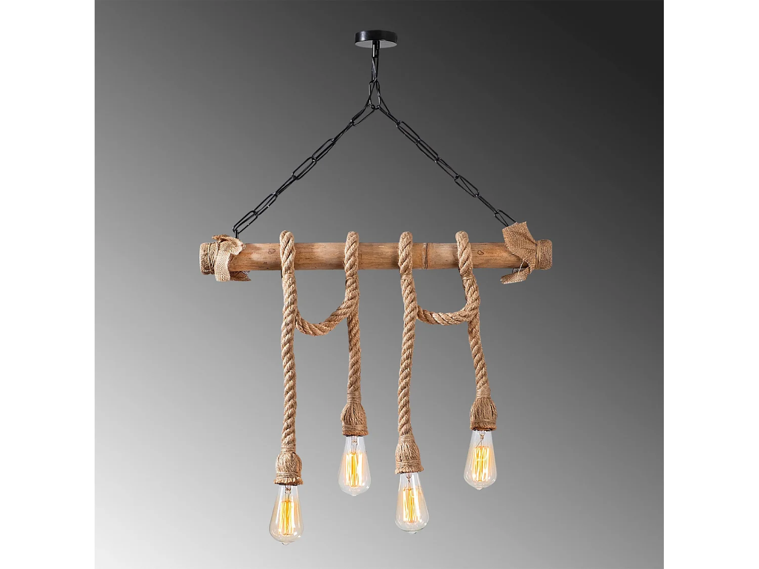 Lámpara rústica colgante de alambre 4 luces cuerdas y madera LOANE - Ambiente cálido y auténtico