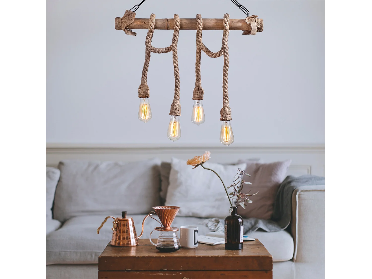 Suspension rustique filaire 4 lampes cordes et bois LOANE