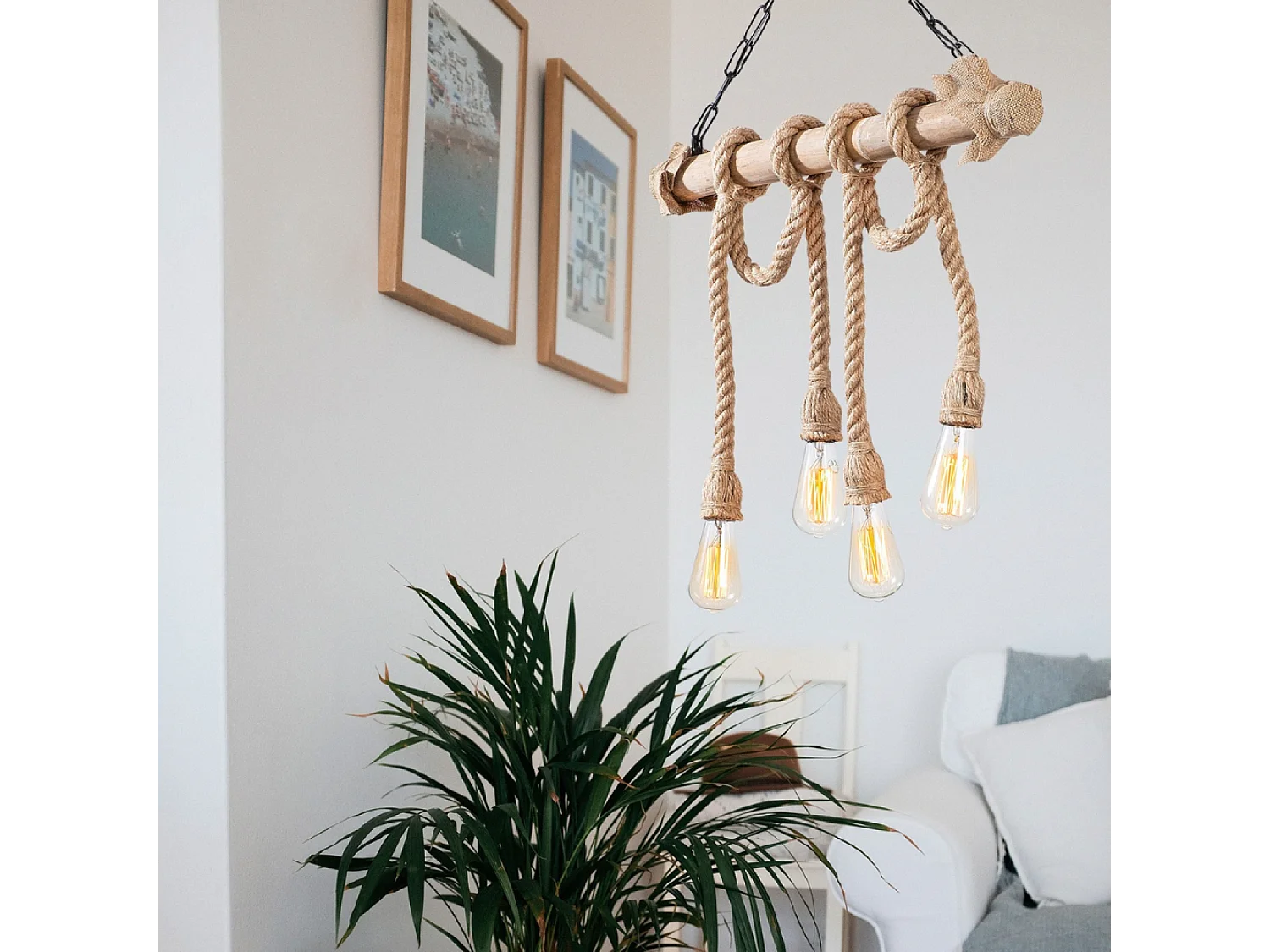 Suspension rustique filaire 4 lampes cordes et bois LOANE
