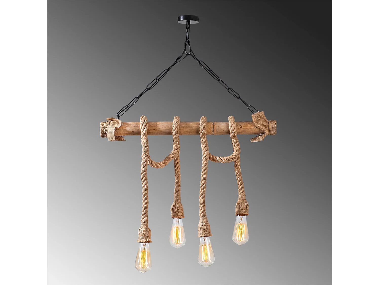 Suspension rustique filaire 4 lampes cordes et bois LOANE