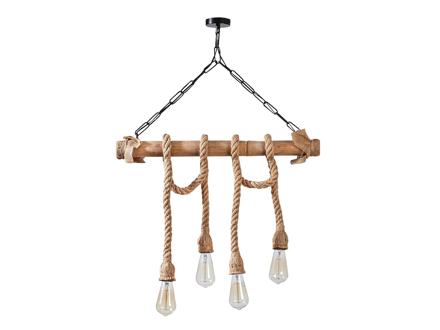 Suspension rustique filaire 4 lampes cordes et bois LOANE