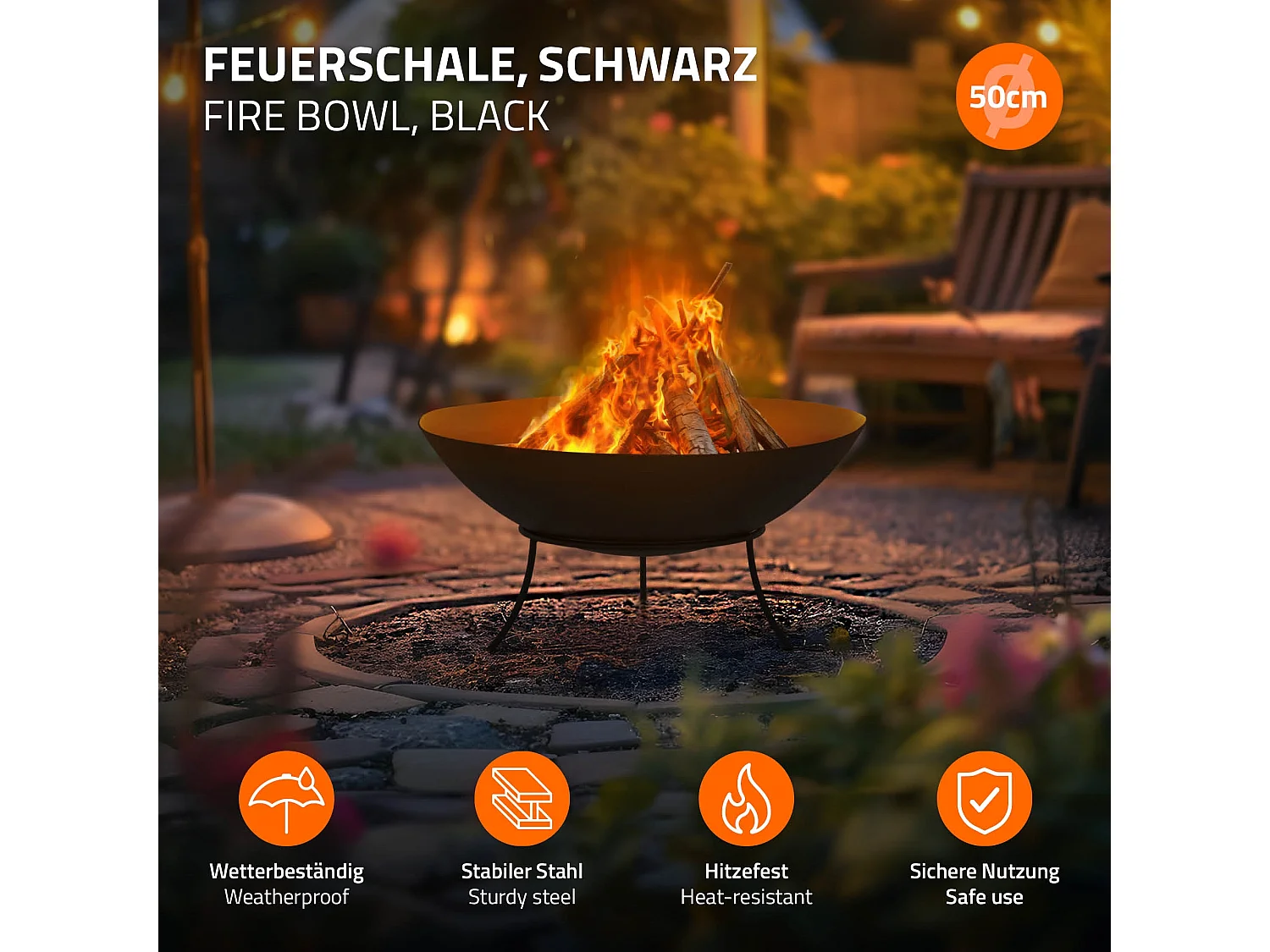 Braciere in acciaio basero nero con griglia per barbecue a 3 gambe Ø 50 x 24 cm