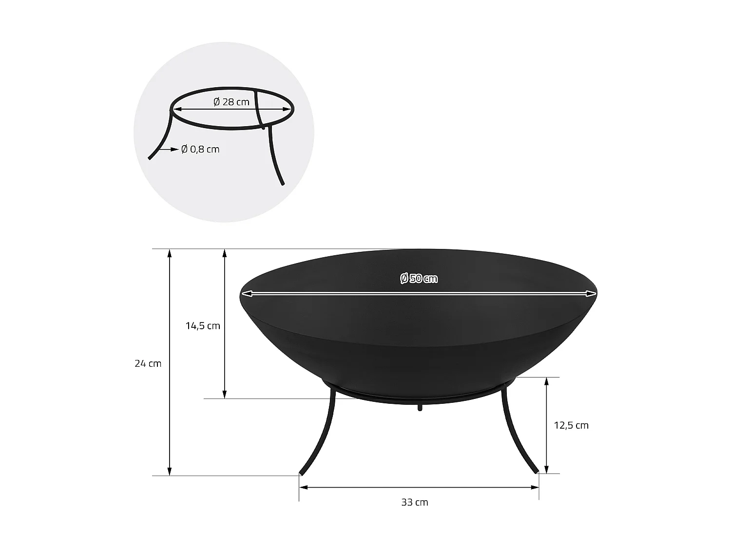 Brasero de acero basero negro con 3 patas para barbacoa Ø 50 x 24 cm