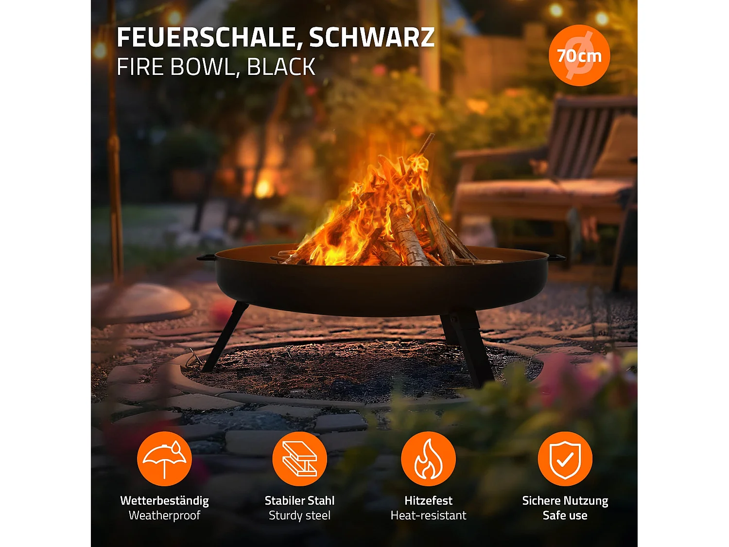 Bol à feu basero acier noir avec 3 pieds pliables foyer grille barbecue Ø70x27cm