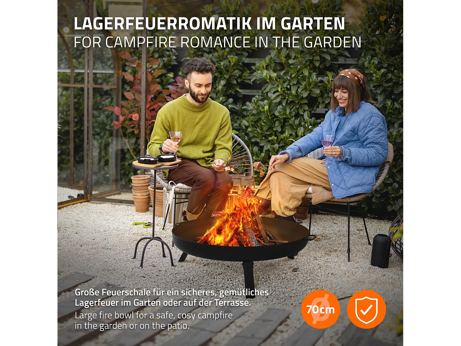 Bol à feu basero acier noir avec 3 pieds pliables foyer grille barbecue Ø70x27cm