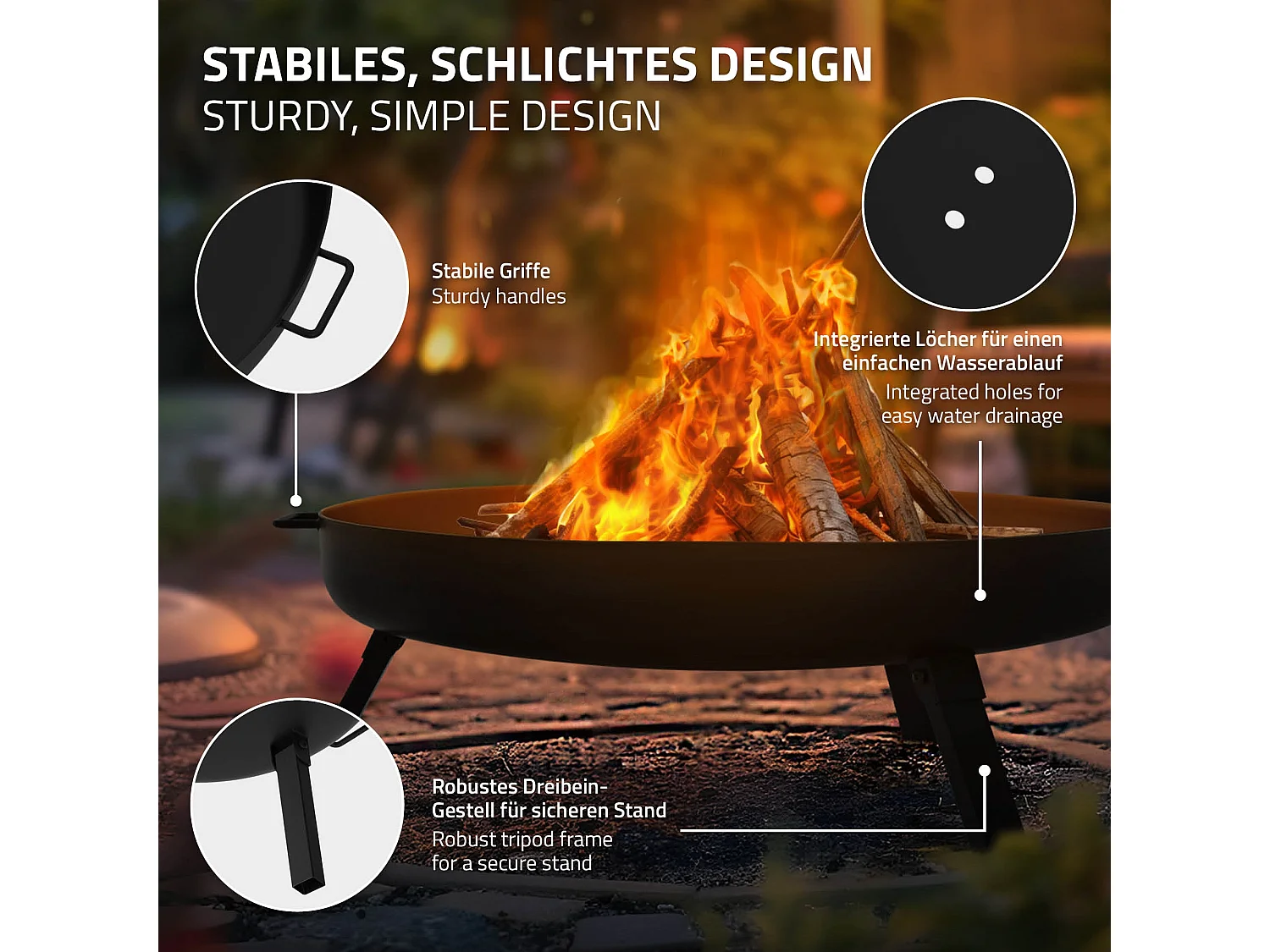 Basero braciere in acciaio nero con 3 gambe pieghevoli camino barbecue grill Ø70x27cm