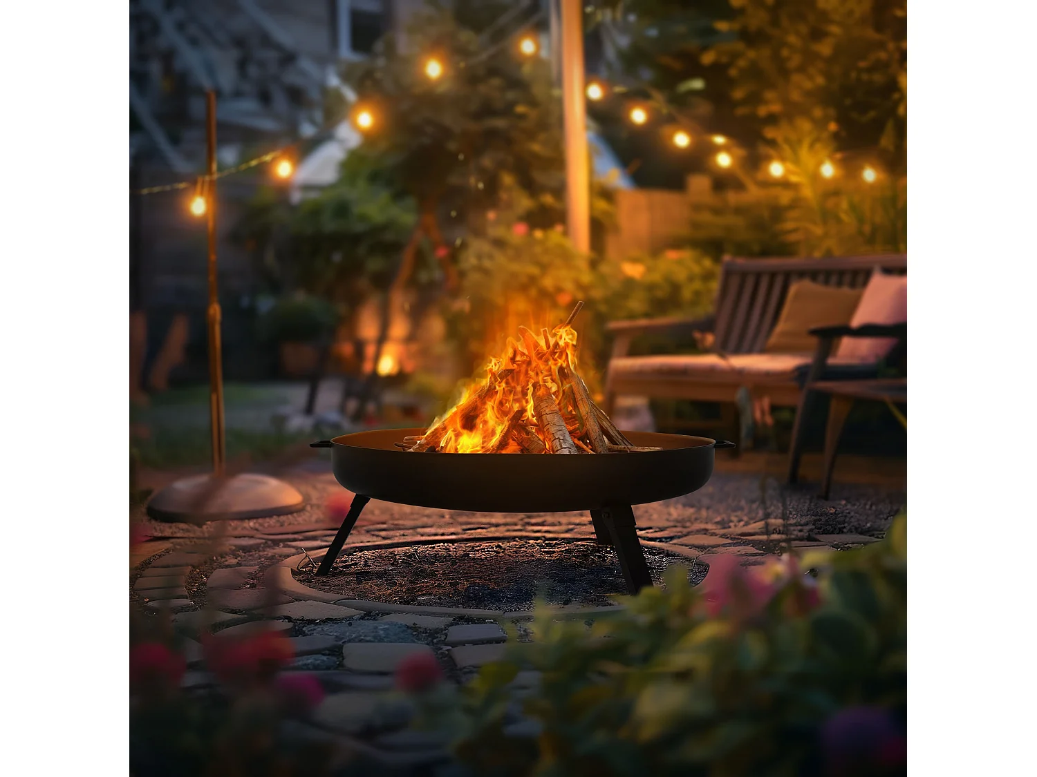 Basero braciere in acciaio nero con 3 gambe pieghevoli camino barbecue grill Ø70x27cm