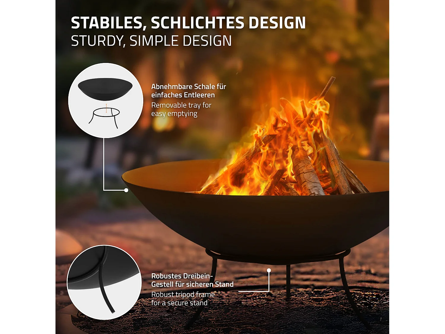 Brasero de acero basero negro con 3 patas para barbacoa Ø 55 x 24 cm