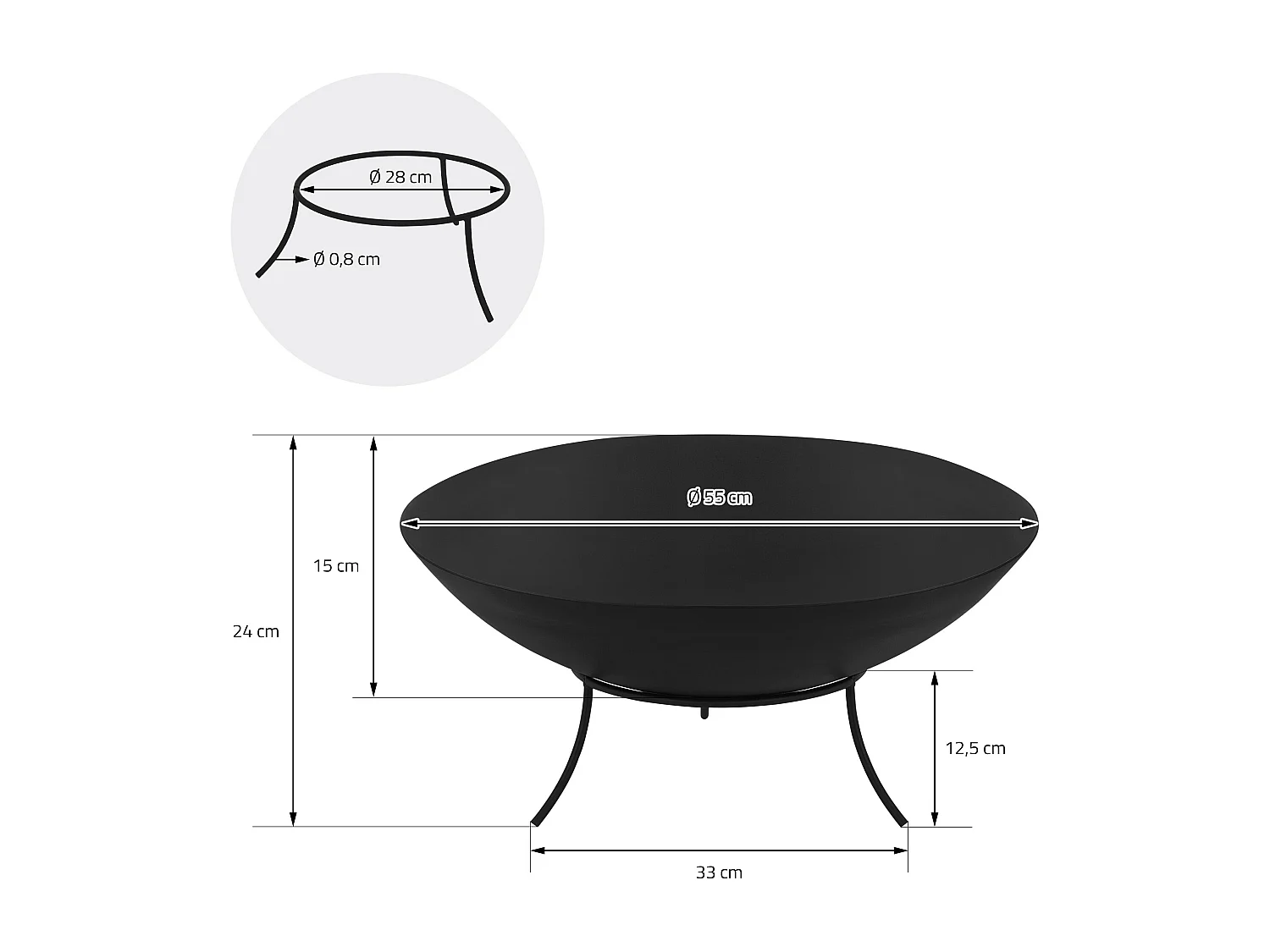 Brasero de acero basero negro con 3 patas para barbacoa Ø 55 x 24 cm