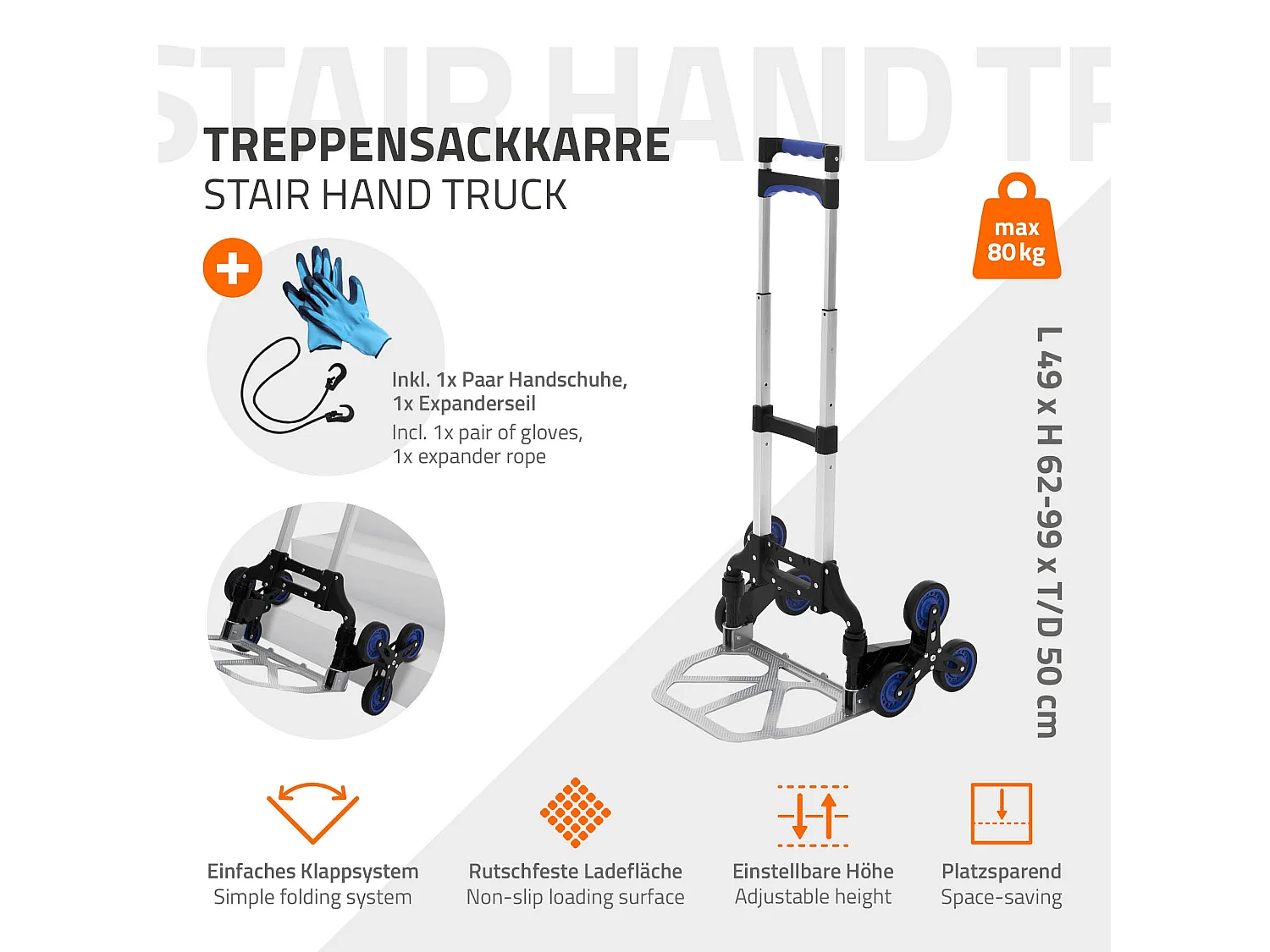 Carrello saliscale pieghevole con 6 ruote in alluminio + guanti e cinghia di serraggio 80 kg
