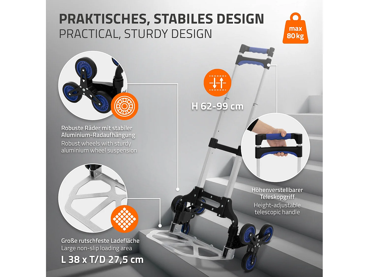 Carrello saliscale pieghevole con 6 ruote in alluminio + guanti e cinghia di serraggio 80 kg