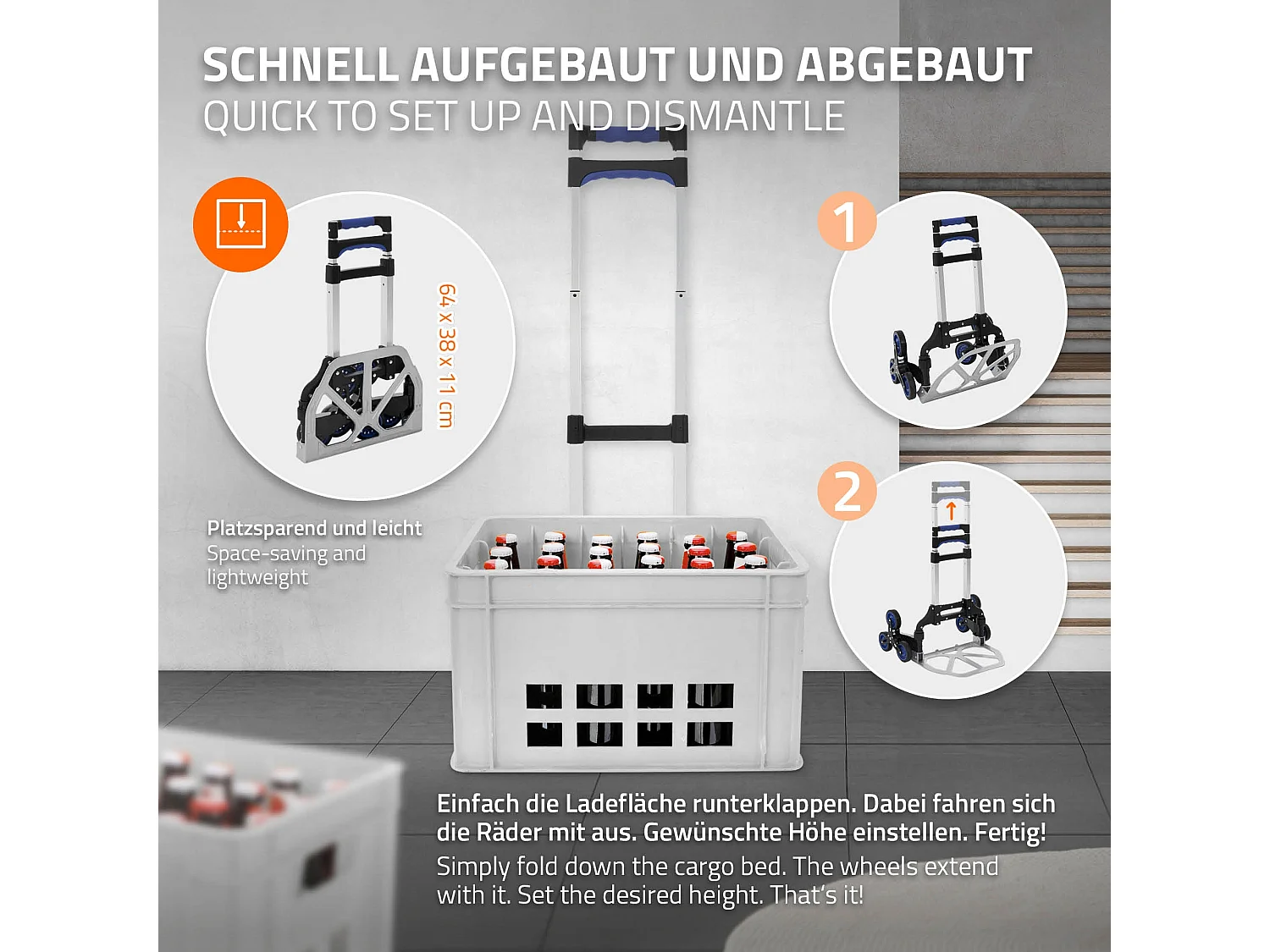 Carrello saliscale pieghevole con 6 ruote in alluminio + guanti e cinghia di serraggio 80 kg