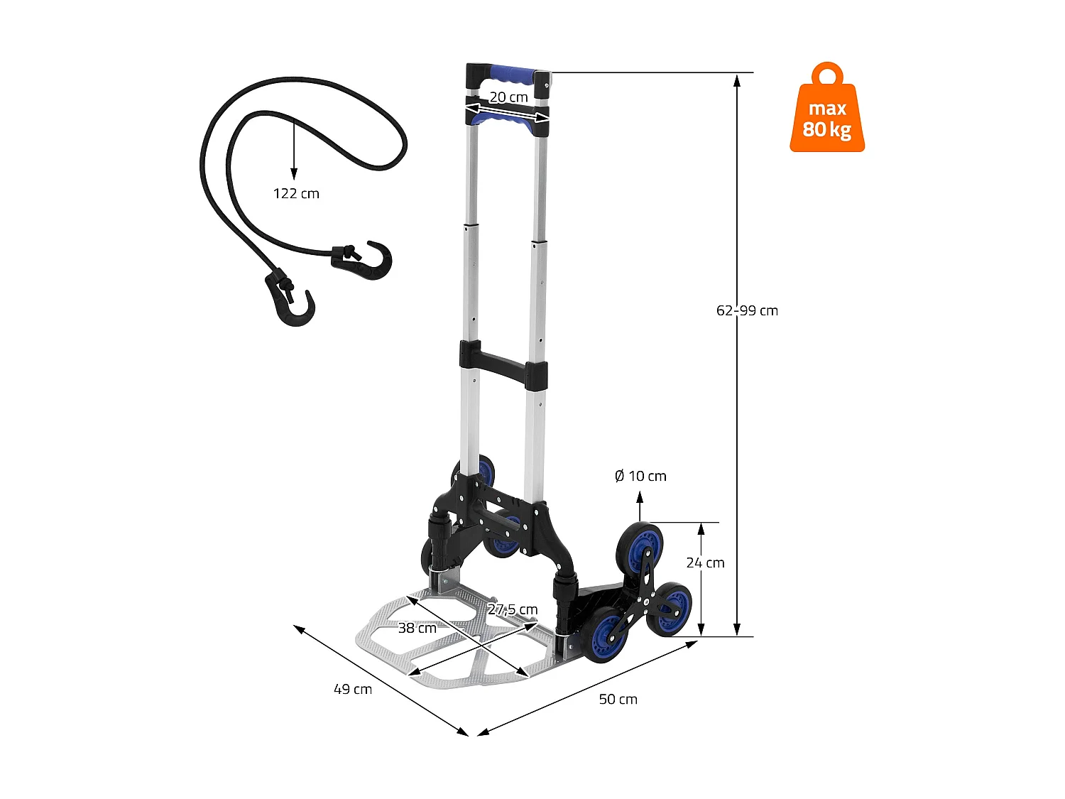 Carrello saliscale pieghevole con 6 ruote in alluminio + guanti e cinghia di serraggio 80 kg