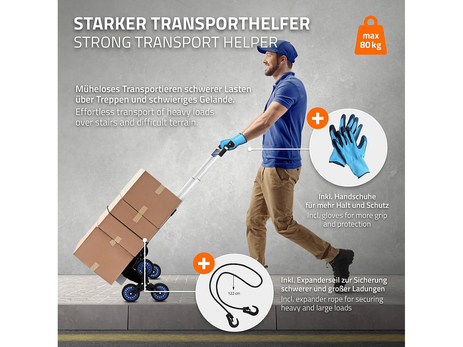 Carrello saliscale pieghevole con 6 ruote in alluminio + guanti e cinghia di serraggio 80 kg