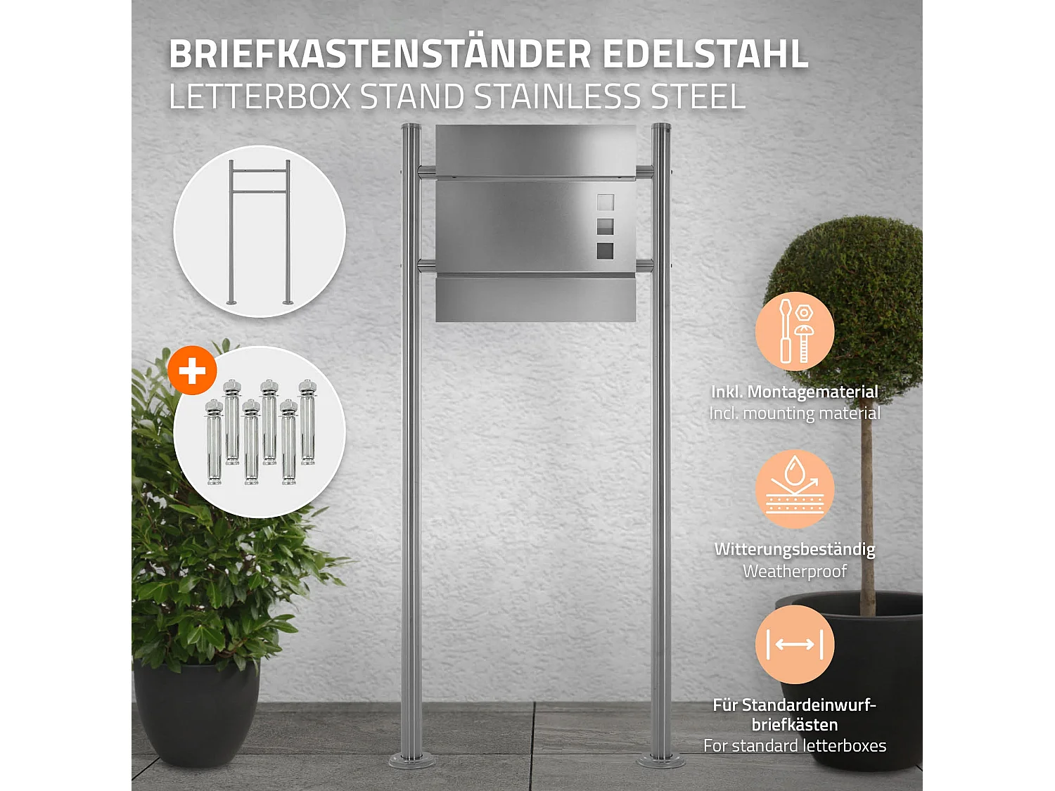 Support de boîte aux lettres acier inoxydable argent support modern 55x120x9 cm