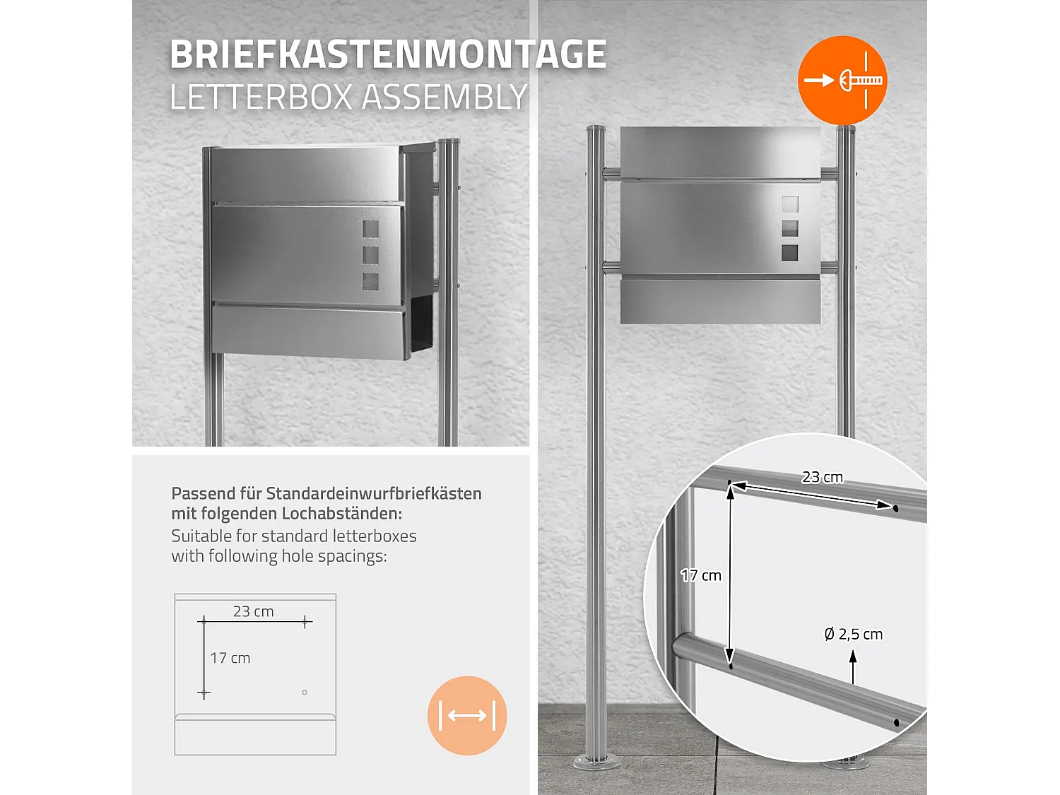 Support de boîte aux lettres acier inoxydable argent support modern 55x120x9 cm