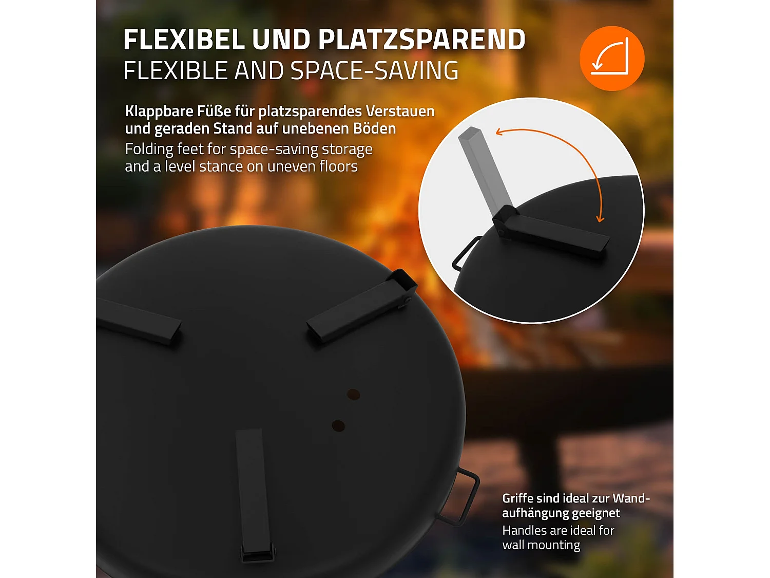 Basero brasero acero negro con 3 patas plegables barbacoa chimenea Ø80x29cm