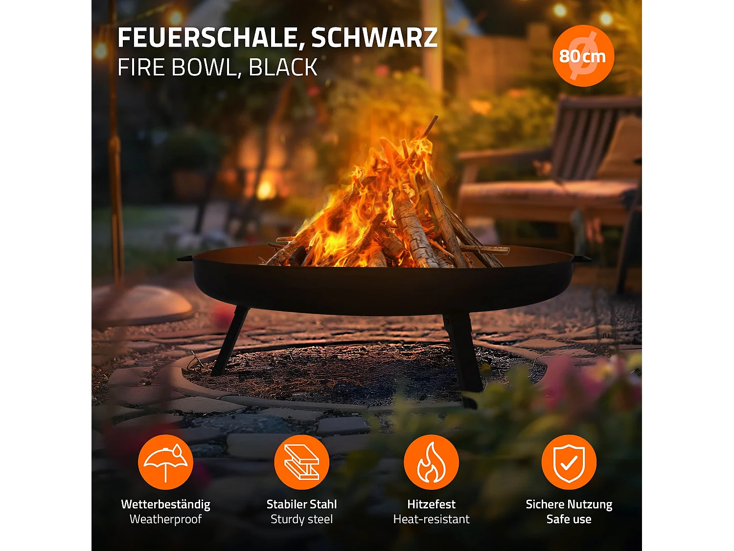 Basero brasero acero negro con 3 patas plegables barbacoa chimenea Ø80x29cm